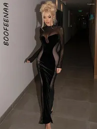 Casual Dresses BOOFEENAA Patchwork Velvet Mesh See Through Party Women Evening Gown Elegant Sexy Long Sleeve Bodycon Maxi Dress C92DB34