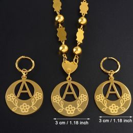 Necklaces Anniyo AZ Letters Necklaces Earings With Flower for Women Teenage Girl Initial Alphabet Pendant English Letter Jewelry