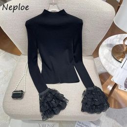 Women's Sweaters Neploe Fashion Simple Half-high Collar Pullovers Autumn Winter Knitted Tops Women Y2k Lace Flare Sleeve Sweater Mujer