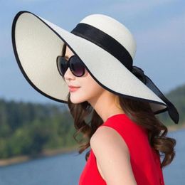 Summer Straw Visor Hat Wide Brim Uv Protection Beach Women Sun Hats Floppy Shade Bowknot Folding Panama Cap326Z