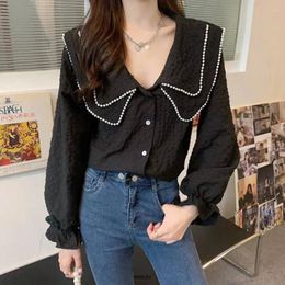 Women's Blouses Plus Size 5XL 150KG Loose Women Spring Black Shirt Collar Beaded Casual Long Sleeve Tops