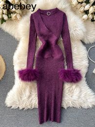 Casual Dresses Good Quality Luxury Shining Knitted Women Dress Sexy Hollow Out V-neck Halter Bodycon Party Fashion Purple