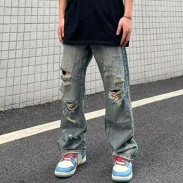 Men's Jeans Hip Hop Pants Streetwear Ripped Hole Wide Leg With Multi Pockets Distressed Details For Casual Style Urban