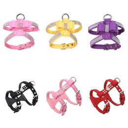 Dog Apparel Pet Chest Strap Shining Rhinestone Heart design Vest Harnesses Dog Collar Small Dog Puppy Cat Leather Leash Pet Supplies