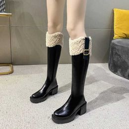 Boots Winter Knee High Brown Long Boots Comfort Square Heel Zip Belt Buckle Platform Boots for Women Plush Edge Warm Gothic Shoes