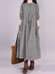 Dress Women's Korean Style Loose Cotton and Linen Plaid Long-sleeved Lace-up Waist Midi Skirt Elegantly Dresses for Women 240119