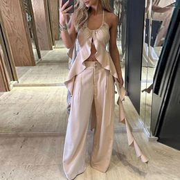 Women's Two Piece Pants Sexy Halter Ruffled Top With Long 2 Sets Fashion High Street Outfits Hollow Design Backless Slim Suits