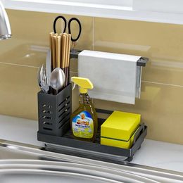 Kitchen Storage Stainless Steel Simple Sink Caddy Organiser Sponge Soap Brush Holder With Drain Pan Premium Drying Rack