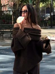 Женский модный сексуальный однотонный свитер с открытыми плечами Элегантный шикарный джемпер с вырезом и длинным рукавом Осенний женский уличный трикотаж 240131