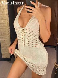 Women's Swimwear Halter Backless Hollow Out Crochet Knitted Tunic Beach Cover Up Cover-ups Beach Dress Beach Wear Beachwear Female Women V4838 J240131
