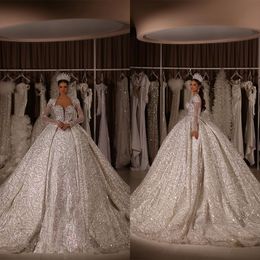 Luxury Crystal Beaded Wedding Dresses Sequins Deep V Neck Bridal Ball Gowns Princess Long Sleeve Bride Dresses Custom Made Plus Size
