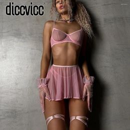 Bras Sets Diccvicc Pink Lingerie Sexy Lace Up Bra Ruffle Garter Thong Set See Through Woman Underwear Naughty Exotic Apparel Fancy Outfit