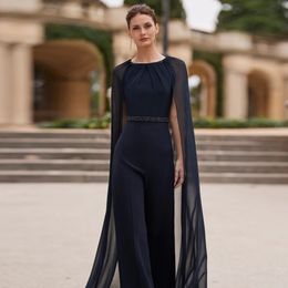 Elegant Navy Blue Jumpsuit Evening Dress for Women Cap Sleeves Jewel Neck Sleeveless Beadings Chiffon Prom Party Gowns Robe De Soiree