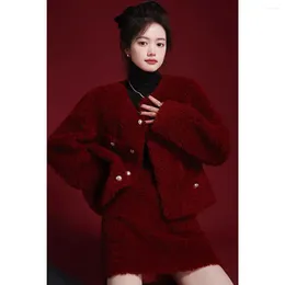 Two Piece Dress High-Quality And Comfortable High-Waisted Suit Arrival Red Chic Style Jacket Skirt With Faux Fur For Christmas Year