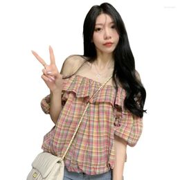 Women's Blouses Summer Cotton Women Off Shoulder Sweet Plaid Crop Tops Cool Streetwear Loose Breathable Mori Girl Style Shirts