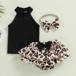 Clothing Sets 3pcs Born Baby Girls Summer Clothes Solid Sleeveless Ribbed Knitted Tanks Tops Leopard Print Bowknot Tutu Short Headband