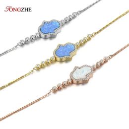 Bangles TONGZHE Genuine 925 Sterling Silver Bracelets Hamsa Hand of Fatima Blue White Opal MOP Eye Charm Bracelets Adjustable Jewellery