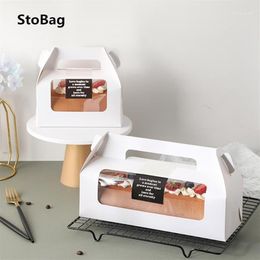 StoBag 10pcs Handle Cake Packing Boxes Towel Roll Swiss Roll Birthday Party Farvor Handmake Gift With Transparent Window1212Z