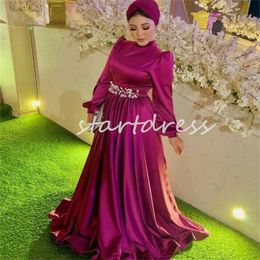 Luxury Fuchsia Muslim Evening Dress With Beaded Elegant Silk Satin Long Sleeve Prom Dresses Dubai Abaya Formal Dress Engagement Second Party Gowns vestidos de noche