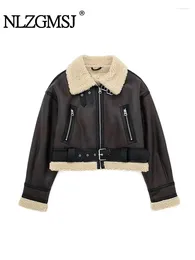 Women's Jackets Nlzgmsj TRAF Winter Women Streetwear Faux Lamb Leather Fur Short Jacket With Belt Moto Biker Thick Warm Sheepskin Coat