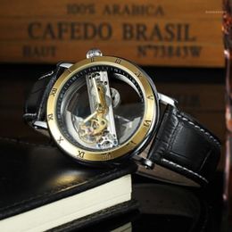 Forsining Fashion Transparent Skeleton Mechanical Men Watch Leather Starp Business Clock Mens Automatic Wristwatch1295B