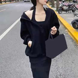 Running Sets Women Hoodie Dress Set Women's V Neck With Halter Maxi 2 Piece Solid Color Outfit For Commute Casual