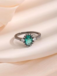 Cluster Rings Pure 925 Silver Oval Turquoise Men's And Women' Ring With Black Color Inlaid Zircon For Exquisite Cool Style Need