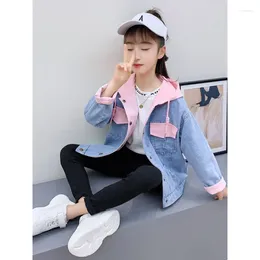 Jackets Girls' Denim Jacket Two Sides Wear Coat Spring And Autumn 2024 Contrasting Colors Fashion Casual Children's Hooded Outwear