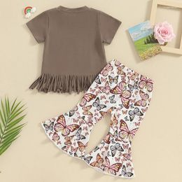 Clothing Sets Toddler Girls Summer Pants Short Sleeve Tassel Hem T-shirt Butterfly Print Flared