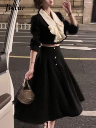 Work Dresses Korean Black Autumn Elegant Two Piece Set Dress Women Vintage Long Sleeve Crop Tops Casual Office Lady Midi Skirt Female