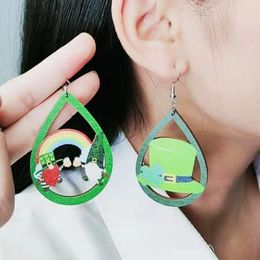 Dangle Earrings St. Patrick's Day Water Drop Wooden Print Hollow Minimalist For Women