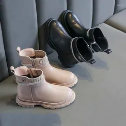 Boots Girls PU Leather Short Rhinestone Metal Cartoon Designer British Retro Student Winter Princess Platform Shoes