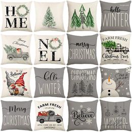 Pillow Christmas Decor Pillowcase 45x45cm Holiday Farmhouse Home Decorative Cover Cute Dwarfs Reindeer Print Linen