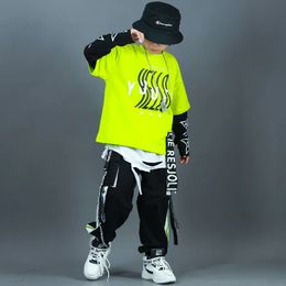 Kids Fashion Hip Hop Clothing Oversize Green Hoodie Streetwear Black Cargo Shorts For Girls Boys Jazz Dance Costume Clothes 240131