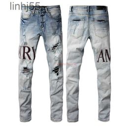 Men's Jeans Designer Clothing Amires Denim Pants Amies New 1301 Fashion High Street Hole Patch Letter Mens Slim Fit Feet Distressed Ripped Skinny m7NXG