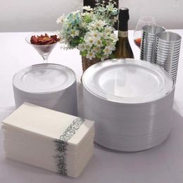 Plates 700Pcs Silver Dinnerware Set-200 Plastic Dish 100 Napkins Each Complete Tableware Dinner Sets