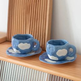 Japanese Hand Painted The Blue Sky and White Clouds Coffee Cup With Saucer Ceramic Handmade Tea Cup Saucer Set Cute Gift For Her 240124