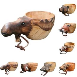 Mugs Kuksa Hand Carved Wooden Mug Guksi Animals Head Image Cup Animal Shape Portable Camping Drinking311s