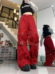 Retro Red Heavy Industry Spliced Strap Design Feeling Jeans Women's Autumn High Street Loose and Slim Wide Leg Floor Slam Pants 240124