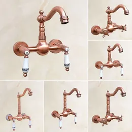 Bathroom Sink Faucets Antique Red Copper Double Handle Kitchen Faucet Swivel Spout Basin Mixer Tap Wall Mounted Lzh030