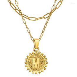 Pendant Necklaces 18K Gold Plated Stainless Steel Letter A-Z Initial Round Necklace For Women Double Layer Chain Choker Jewelry2172