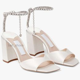 Elegant Bridal Wedding Women Saeda Sandals Shoes Block Heel With Crystal-embellished Anklet High Heels Lady Square toe Gladiator Sandalias EU35-43