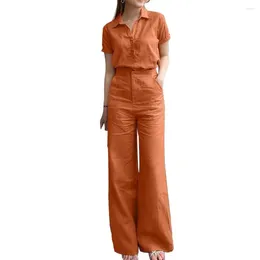 Women's Two Piece Pants Button-zip Closure Suit Stylish Lapel Shirt Wide Leg Set With High Waist Pockets 2 For Ladies