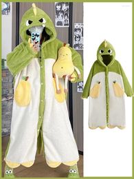 Women's Sleepwear 2024 Winter Pajamas For Women Cartoon Dinosaur Hooded Long Robe Cute Home Wear Thick Flannel Comfy Lounge Bathrobe