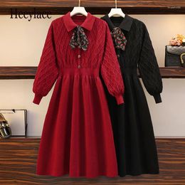 Casual Dresses Women Winter Warm Knitted Dress Long Sleeve Bow Collar Elegant Vintage Korean High Waist A-line Pleated Dresse