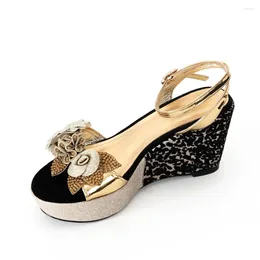 Sandals Gold And Black Wedge Rhinestone Women's Shoes 2024 Designer Women Fancy Summer Fashion Comfortable