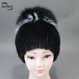 Winter Caps For Women Knitted Hats Stylish Young Girl Real Natural Mink Fox Fur Warm Elegant Fall Beanies Beanie Thick Caps 240131