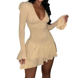 Basic Casual Dresses Sexy deep V-neck nightclub dress women's pleated long sleeved irregular mini dress women's Sparkly ultra-thin party dress Vestido J240130