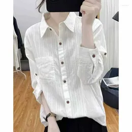 Women's Blouses Korea Female All Cotton Jacquard Stripes Long Sleeved Cardigan Blouse Women Autumn Loose Fit Appear Thin Fashion Base Shirts