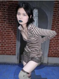 Women's T Shirts Aoaiiys Striped Gothic Tops For Women Designer Brown Y2k Pullovers Streetwear Long Sleeve Harajuku Fashion Summer